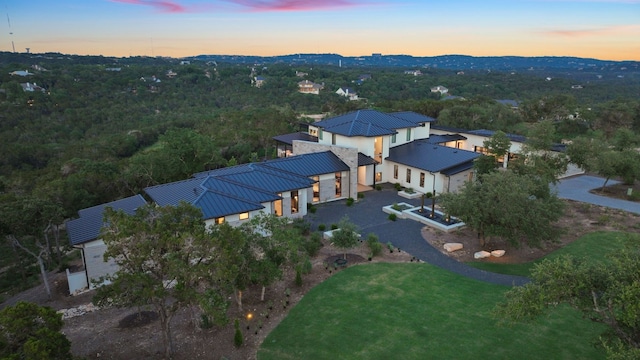 aerial view at dusk with a forest view