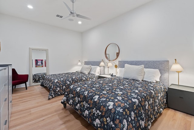 bedroom with recessed lighting, visible vents, and light wood-style flooring