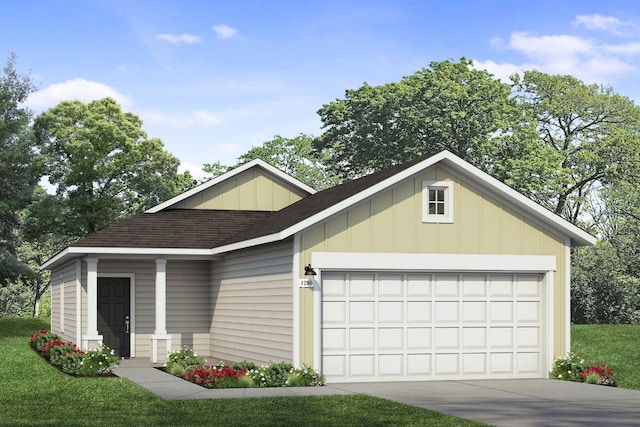 view of front facade featuring an attached garage, a shingled roof, driveway, and a front yard