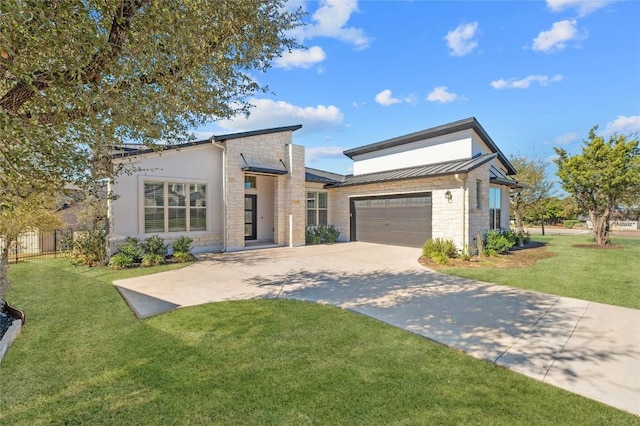 802 Serene Estates Dr, Austin, TX 78738 - view of front facade with stone siding, a standing seam roof, concrete driveway, a front yard, and an attached garage