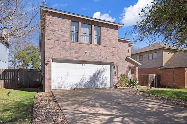 view of front facade with an attached garage, fence, brick siding, and driveway