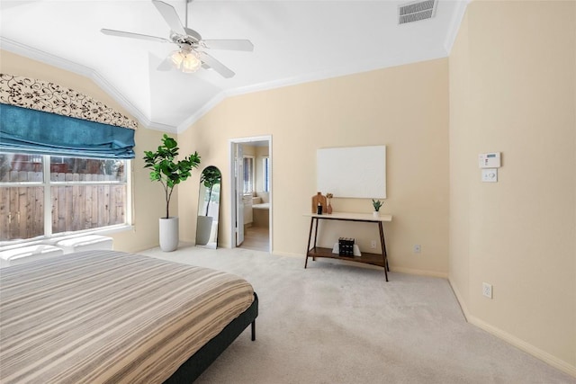 bedroom with visible vents, baseboards, carpet, crown molding, and lofted ceiling