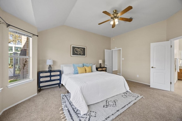 bedroom featuring baseboards, lofted ceiling, ceiling fan, and carpet flooring