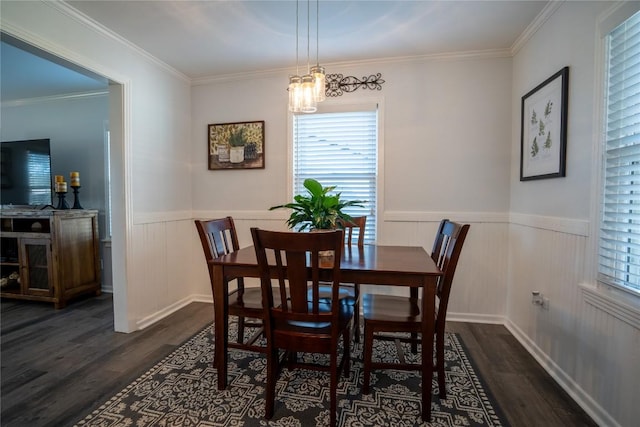 dining space featuring wainscoting, dark wood-type flooring, and ornamental molding