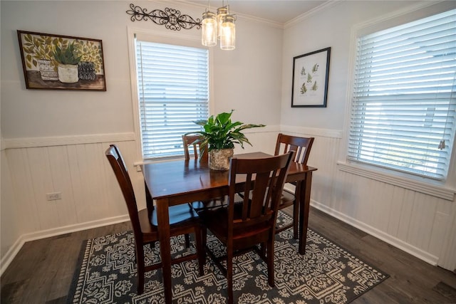 dining area with crown molding, a notable chandelier, wood finished floors, and wainscoting