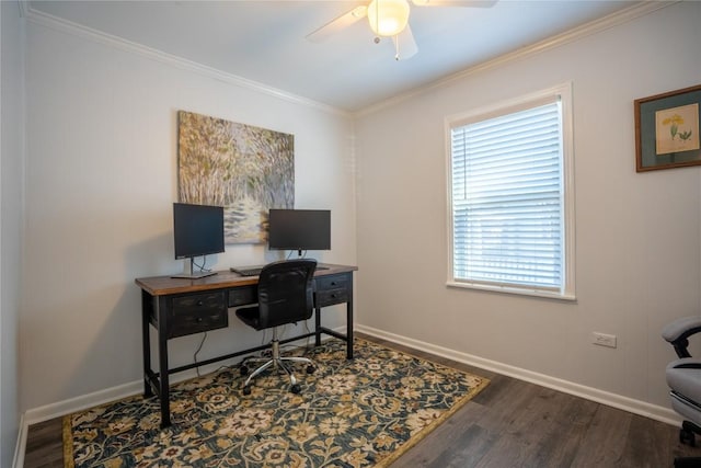 office area with baseboards, wood finished floors, ceiling fan, and ornamental molding