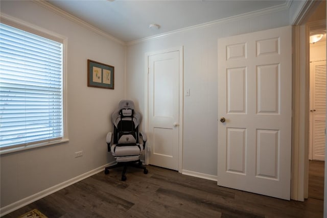 unfurnished room featuring baseboards, dark wood-style floors, and ornamental molding