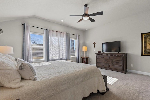 107 Freeman Day Dr, Bastrop, TX 78602 - bedroom featuring baseboards, carpet flooring, a ceiling fan, and lofted ceiling