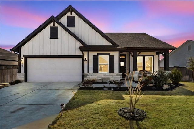 107 Freeman Day Dr, Bastrop, TX 78602 - view of front of house featuring board and batten siding, driveway, a porch, a shingled roof, and an attached garage