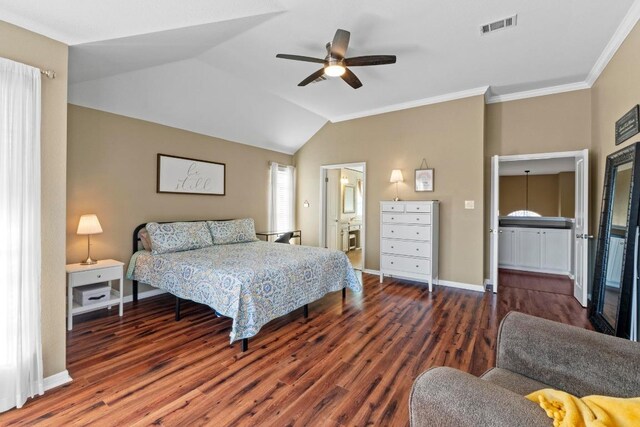 bedroom featuring visible vents, baseboards, vaulted ceiling, ornamental molding, and wood finished floors