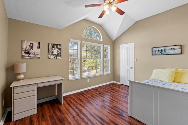 bedroom with a ceiling fan, dark wood-type flooring, baseboards, and vaulted ceiling