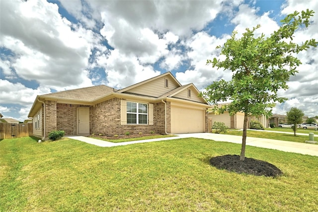 ranch-style home with a front yard, brick siding, and driveway