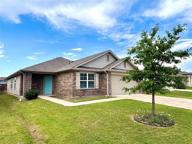 5800 Shanjia Dr, Austin, TX 78724 - ranch-style home featuring concrete driveway, an attached garage, brick siding, and a front yard