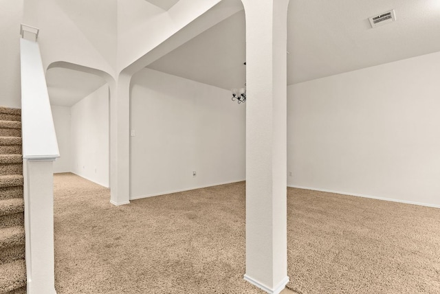 9812 Cow Page Ct, Temple, TX 76502 - below grade area with carpet flooring, stairway, baseboards, and visible vents