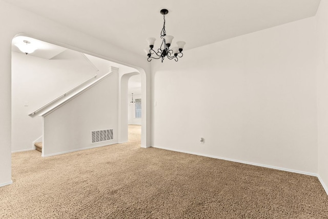 9812 Cow Page Ct, Temple, TX 76502 - interior space with visible vents, a notable chandelier, arched walkways, baseboards, and stairs