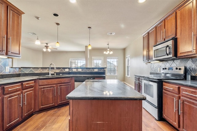 kitchen with visible vents, light wood finished floors, a kitchen island, a sink, and appliances with stainless steel finishes