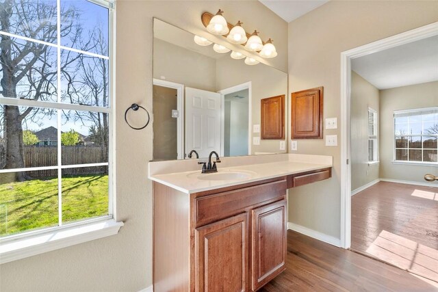 bathroom featuring a healthy amount of sunlight, vanity, baseboards, and wood finished floors