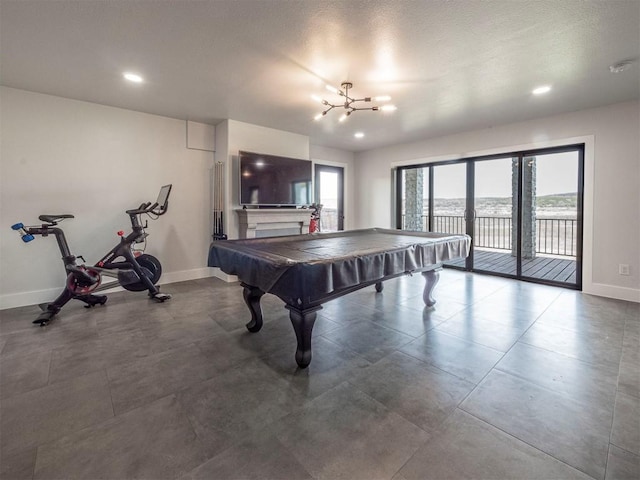 rec room featuring baseboards, pool table, a chandelier, and recessed lighting