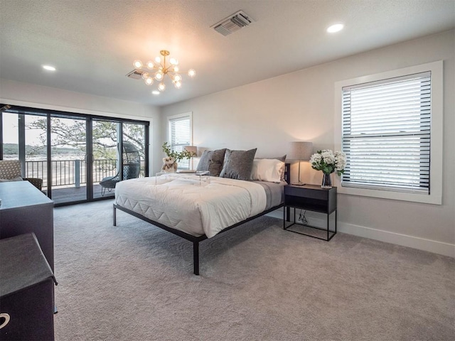 bedroom with access to exterior, a chandelier, baseboards, carpet, and recessed lighting