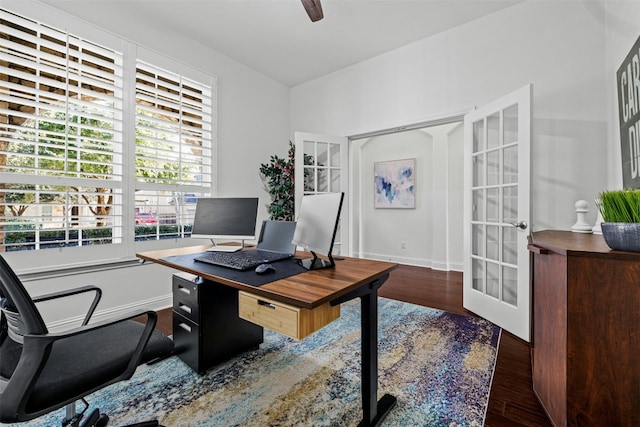 office space featuring ceiling fan, french doors, baseboards, and wood finished floors