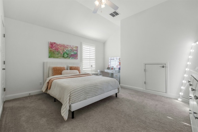 carpeted bedroom featuring vaulted ceiling, visible vents, baseboards, and ceiling fan