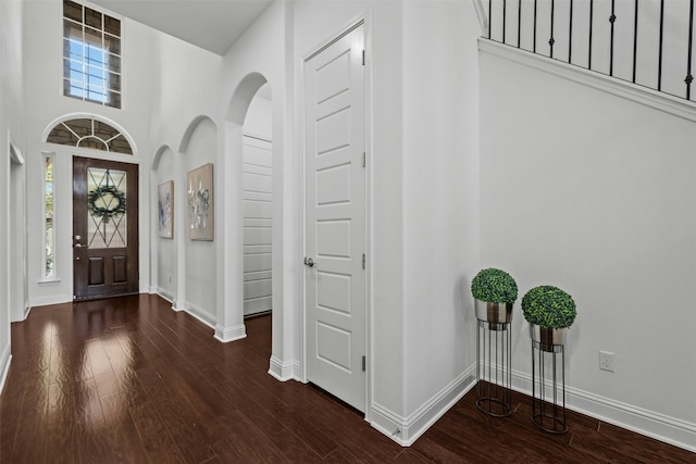 entrance foyer featuring wood finished floors, a healthy amount of sunlight, baseboards, and arched walkways