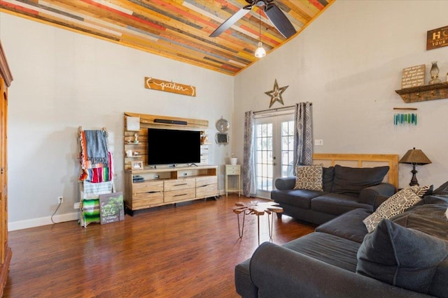 living room featuring baseboards, french doors, wooden ceiling, high vaulted ceiling, and dark wood-style flooring