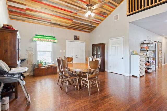 dining space with ceiling fan, wood finished floors, visible vents, and high vaulted ceiling