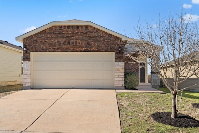 ranch-style house with stone siding, brick siding, concrete driveway, and an attached garage