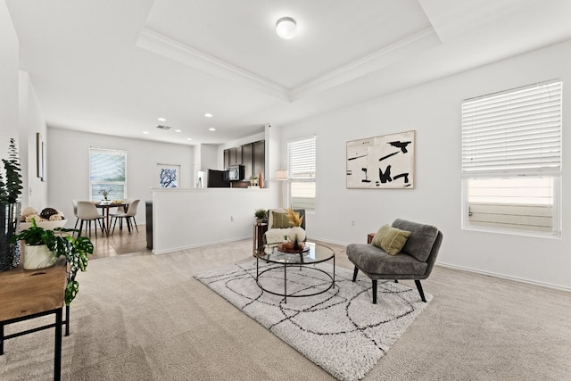 living area featuring a wealth of natural light, a raised ceiling, and light carpet