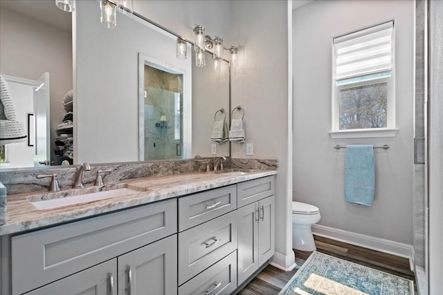 bathroom featuring double vanity, a shower stall, wood finished floors, and a sink