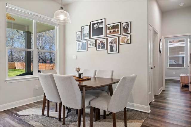 dining space with dark wood-type flooring and baseboards