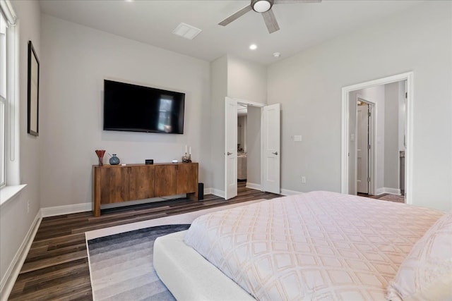 bedroom with recessed lighting, ceiling fan, baseboards, and wood finished floors