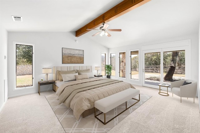 empty room with a ceiling fan, vaulted ceiling with beams, light colored carpet, and visible vents