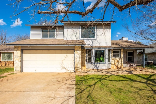 traditional-style house featuring stone siding, driveway, an attached garage, and a front yard