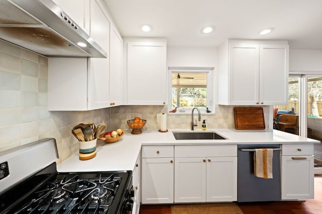 kitchen featuring under cabinet range hood, decorative backsplash, appliances with stainless steel finishes, white cabinetry, and a sink