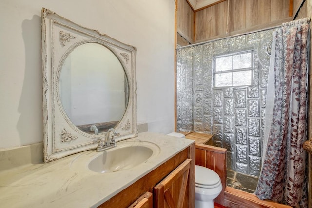 full bathroom featuring a tile shower, toilet, and vanity