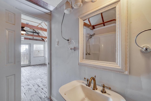 full bathroom featuring a shower, wood finished floors, and a sink