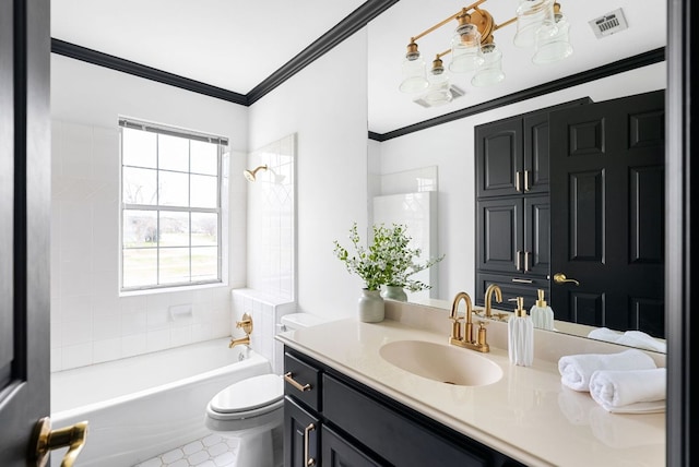 full bathroom featuring vanity, visible vents, ornamental molding, shower / bath combination, and toilet