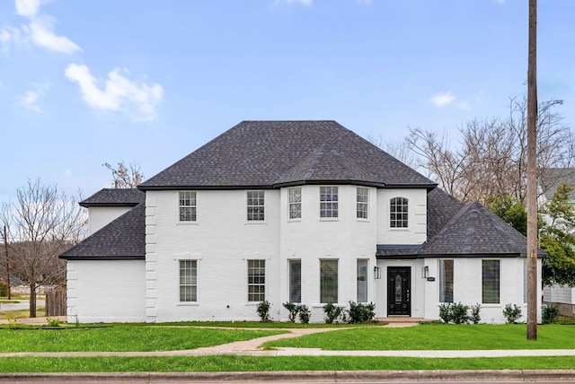 view of front facade featuring brick siding, a shingled roof, and a front lawn