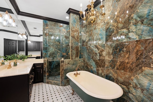 bathroom with a freestanding tub, a stall shower, tile walls, crown molding, and vanity