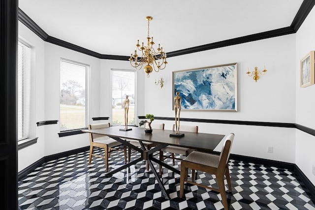 dining space featuring a notable chandelier, baseboards, and ornamental molding