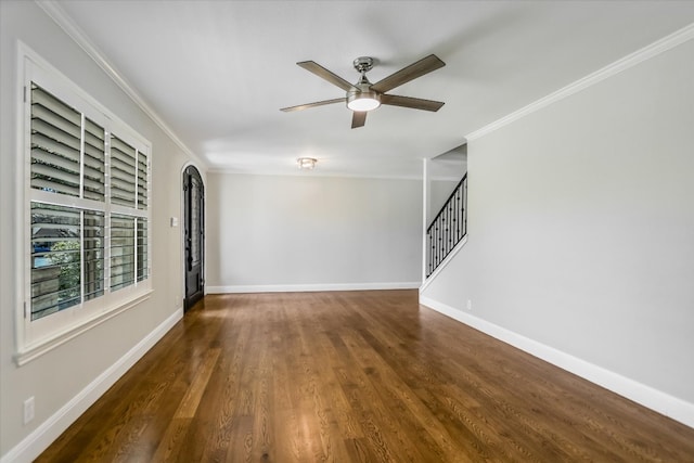 11402 Pencewood Dr, Austin, TX 78750 - spare room with crown molding, ceiling fan, wood finished floors, and stairs