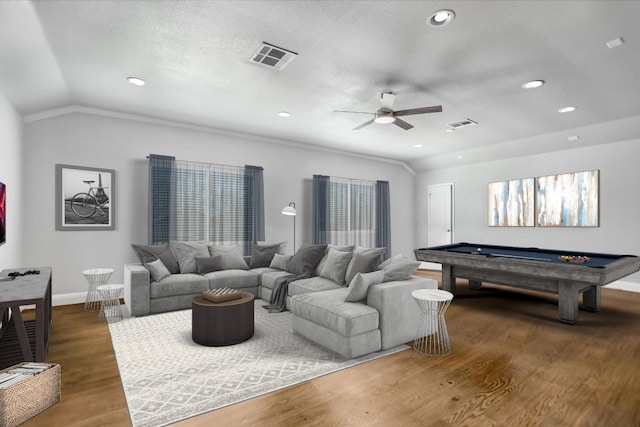 11402 Pencewood Dr, Austin, TX 78750 - living area featuring vaulted ceiling, billiards table, a ceiling fan, wood finished floors, and recessed lighting