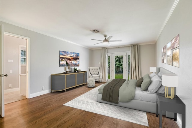 11402 Pencewood Dr, Austin, TX 78750 - bedroom featuring access to outside, ornamental molding, wood finished floors, and ceiling fan