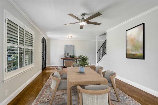 11402 Pencewood Dr, Austin, TX 78750 - dining area with ceiling fan, stairway, wood finished floors, and ornamental molding