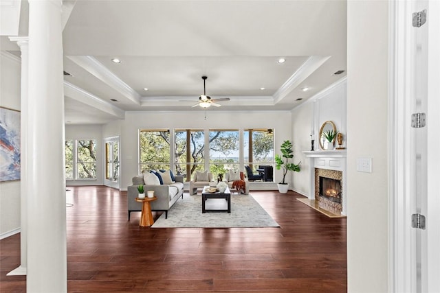 living area featuring a raised ceiling, a wealth of natural light, dark wood-type flooring, and ornate columns