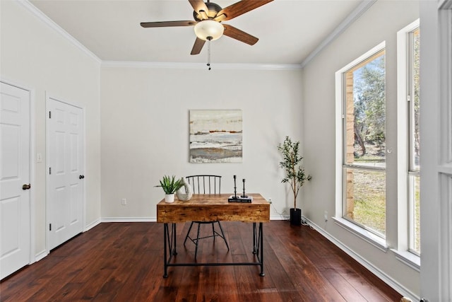 office area with a healthy amount of sunlight, crown molding, and dark wood-style flooring