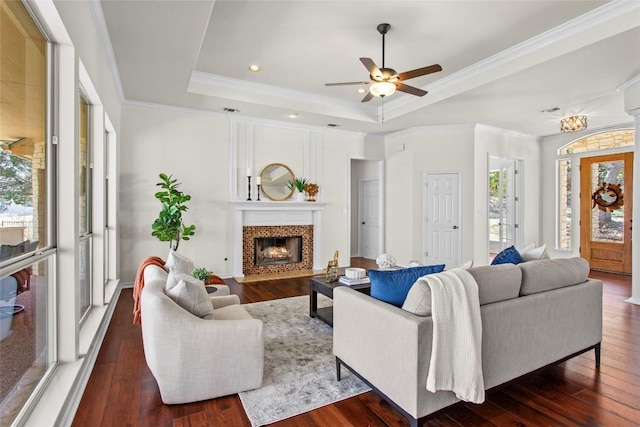 living room featuring a fireplace with flush hearth, a raised ceiling, ornamental molding, and dark wood-style flooring