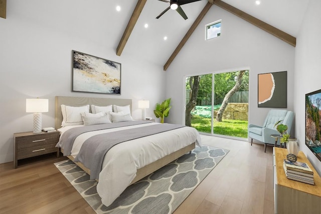 bedroom featuring beamed ceiling, high vaulted ceiling, recessed lighting, light wood-style floors, and ceiling fan